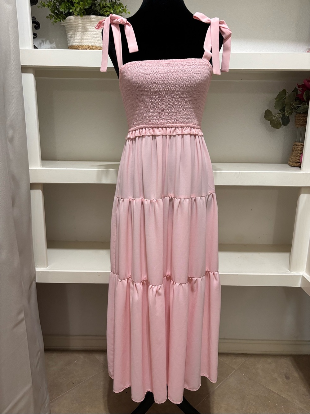 Smocked Tiered Maxi Dress with Tie Straps - Pink